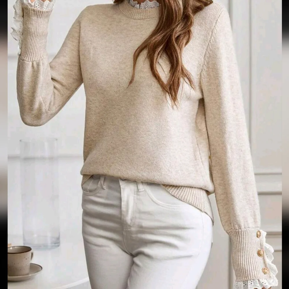 Women's Apricot Floral Trim Crew Neck Long Sleeve Knitted Sweater - Picture 2 of 4